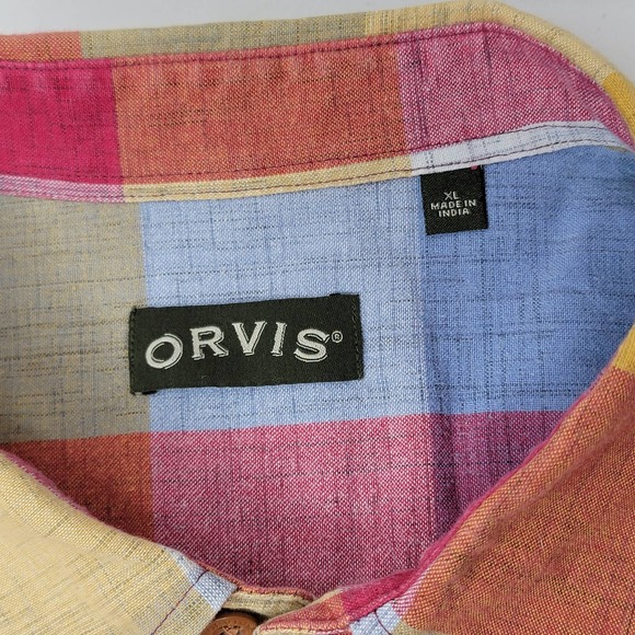 Orvis Chambray Shirt XL Red Blue Yellow Patch Plaid Men's Colorful Casual Pocket - Picture 3 of 8